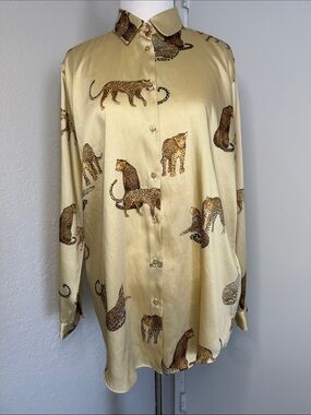 Zara Gold Satin Button-Down Shirt with Leopard Print